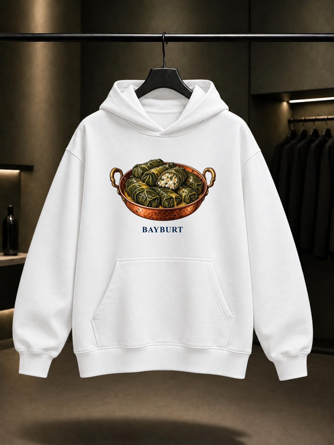 Bayburt Lor Dolması baskılı beyaz kapüşonlu sweatshirt