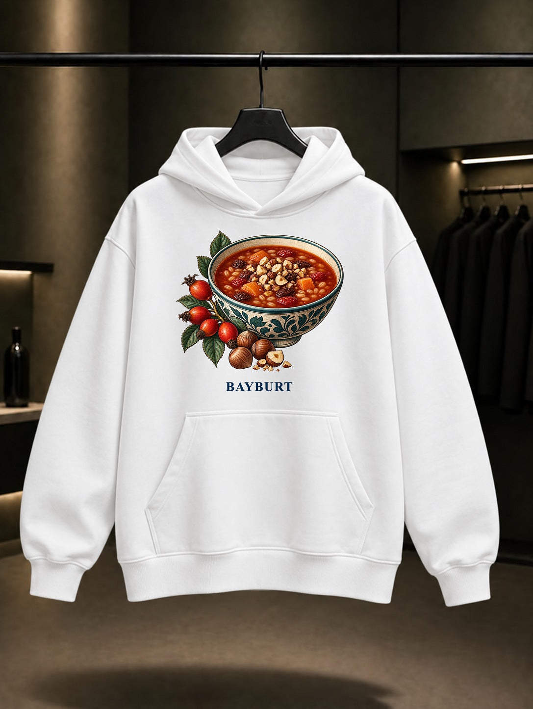 Bayburt Tatlı Çorba baskılı beyaz kapüşonlu sweatshirt