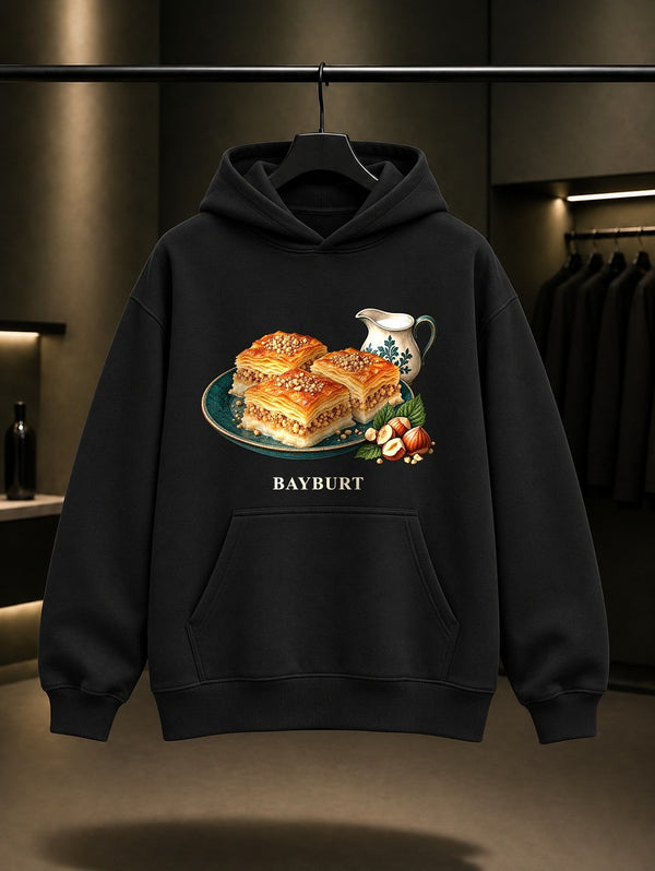 Bayburt Süt Böreği baskılı siyah kapüşonlu sweatshirt