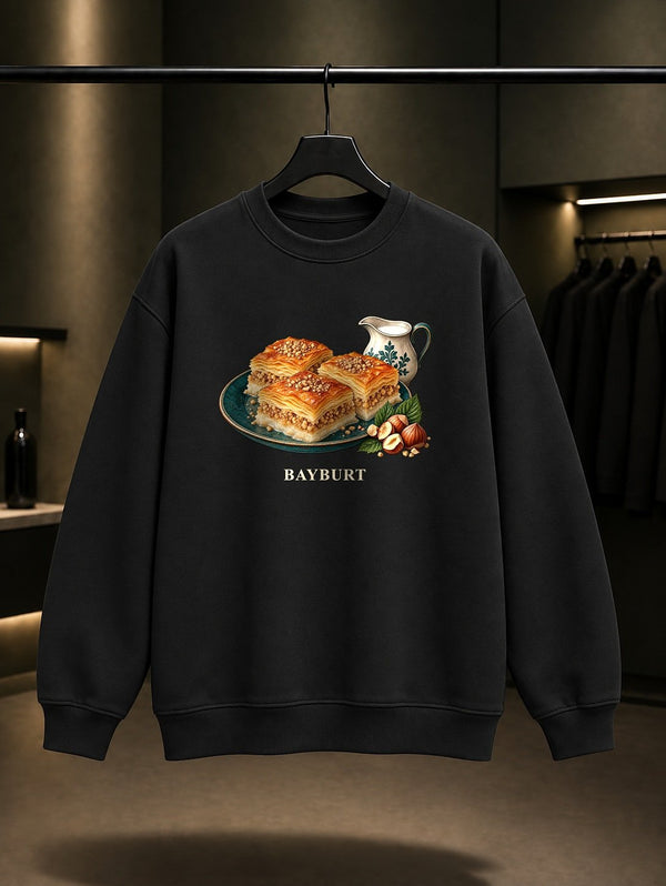 Bayburt Süt Böreği baskılı siyah sweatshirt