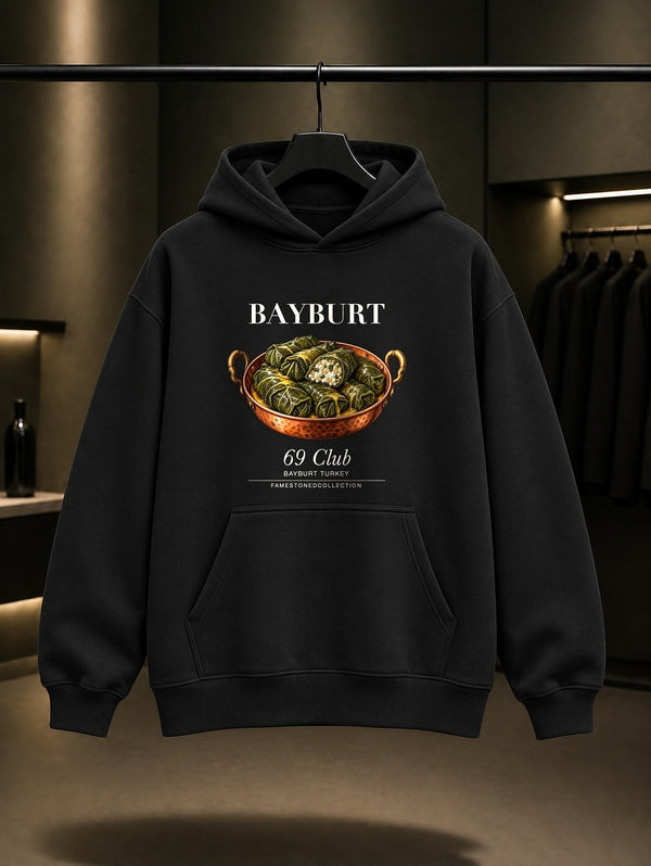 Bayburt Lor Dolması 69 Club baskılı siyah kapüşonlu sweatshirt