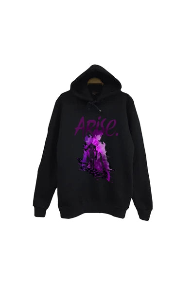 fame-stoned Solo Leveling Arise Anime Baskılı Unisex %100 Pamuk Kapüşonlu Siyah Sweatshirt