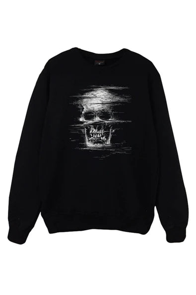 Kuru Kafa Beyaz çizgilerle soyut baskılı siyah sweatshirt