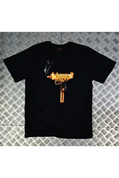 fame-stoned Uzi Baskılı Unisex %100 Pamuk Siyah T-shirt
