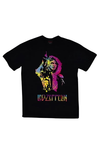 Led Zeppelin Renkli pop-art Robert Plant baskılı siyah tişört