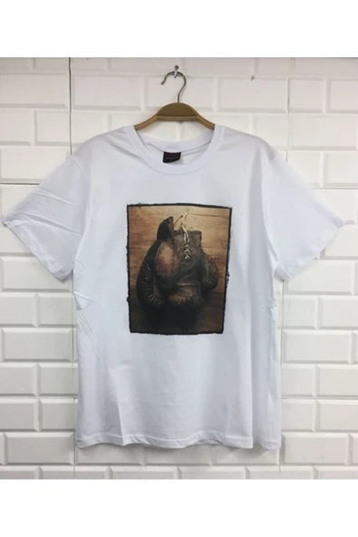 Unisex Beyaz Boks Eldiveni Çerçeveli eski eldivenleri baskılı beyaz tişört