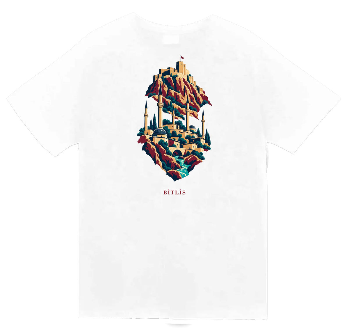 Bitlis Kalesi ve Beş Minare baskılı beyaz t-shirt