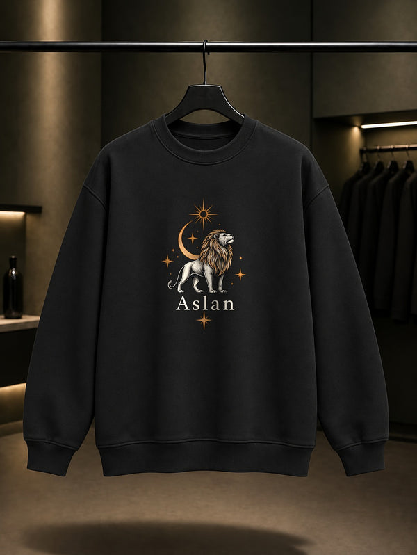Aslan Burcu — İnce Hat Baskılı Unisex %100 Pamuk Sweatshirt