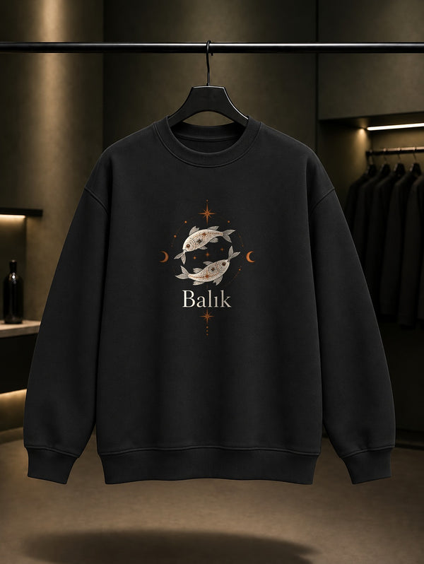 Balık Burcu — İnce Hat Baskılı Unisex %100 Pamuk Sweatshirt