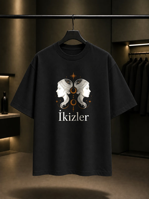 İkizler Burcu — İnce Hat Baskılı Unisex %100 Pamuk Tişört