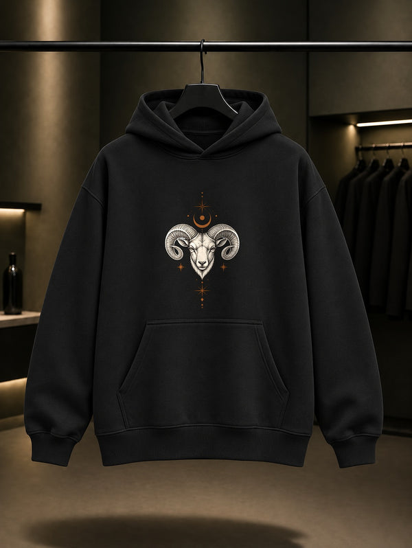 Koç Burcu — Sade Yıldız Baskılı Unisex %100 Pamuk Kapüşonlu Sweatshirt