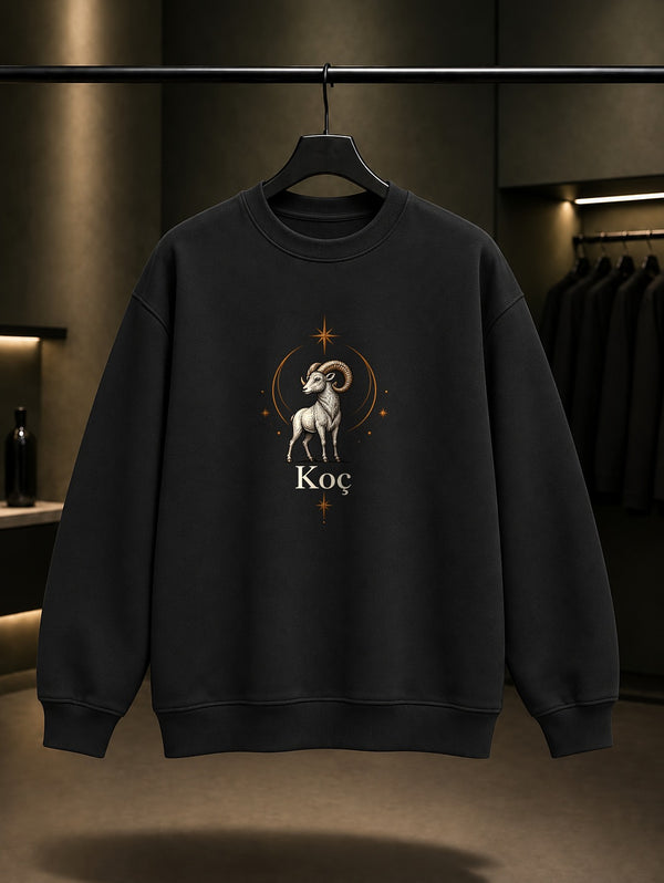 Koç Burcu — İnce Hat Baskılı Unisex %100 Pamuk Sweatshirt