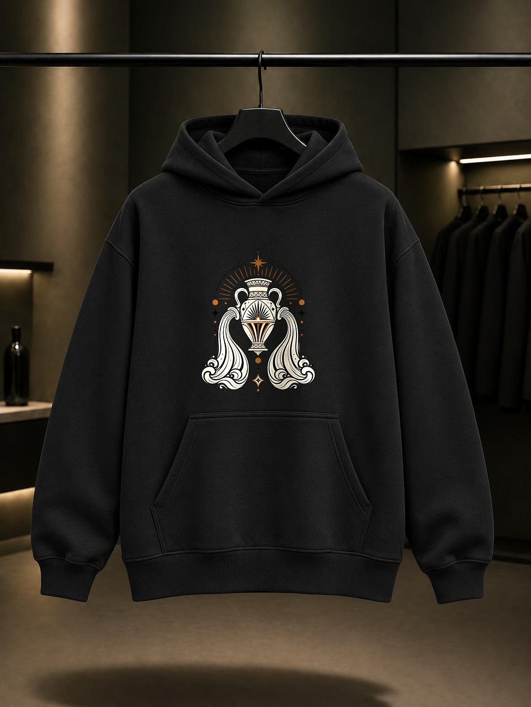 Kova Burcu — Işık Tacı Baskılı Unisex %100 Pamuk Kapüşonlu Sweatshirt