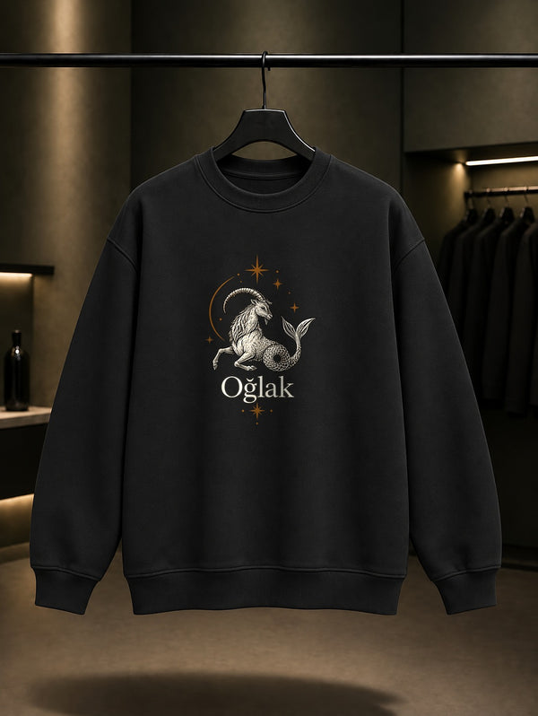 Oğlak Burcu — İnce Hat Baskılı Unisex %100 Pamuk Sweatshirt