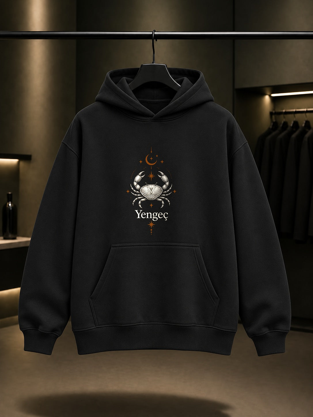 Yengeç Burcu — İnce Hat Baskılı Unisex %100 Pamuk Kapüşonlu Sweatshirt
