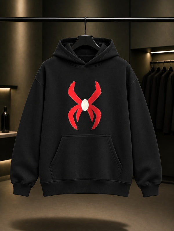 Fırça Darbeli Örümcek baskılı siyah kapüşonlu sweatshirt