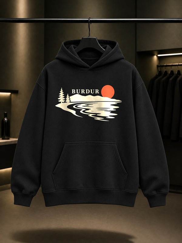 Burdur Ceviz Ezmesi baskılı siyah kapüşonlu sweatshirt
