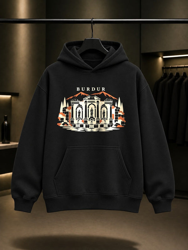 Burdur Gazel Böreği baskılı siyah kapüşonlu sweatshirt
