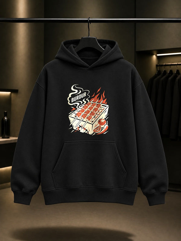 Burdur Sagalassos baskılı siyah kapüşonlu sweatshirt
