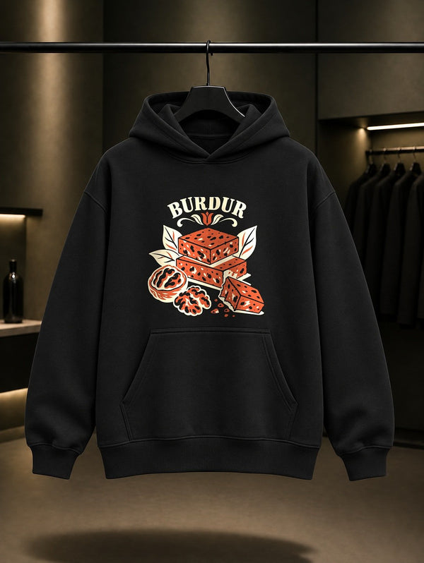 Burdur Salda Gölü baskılı siyah kapüşonlu sweatshirt
