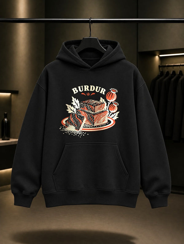 Burdur Şişi baskılı siyah kapüşonlu sweatshirt