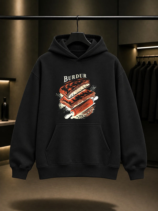 Burdur Taş Oda baskılı siyah kapüşonlu sweatshirt