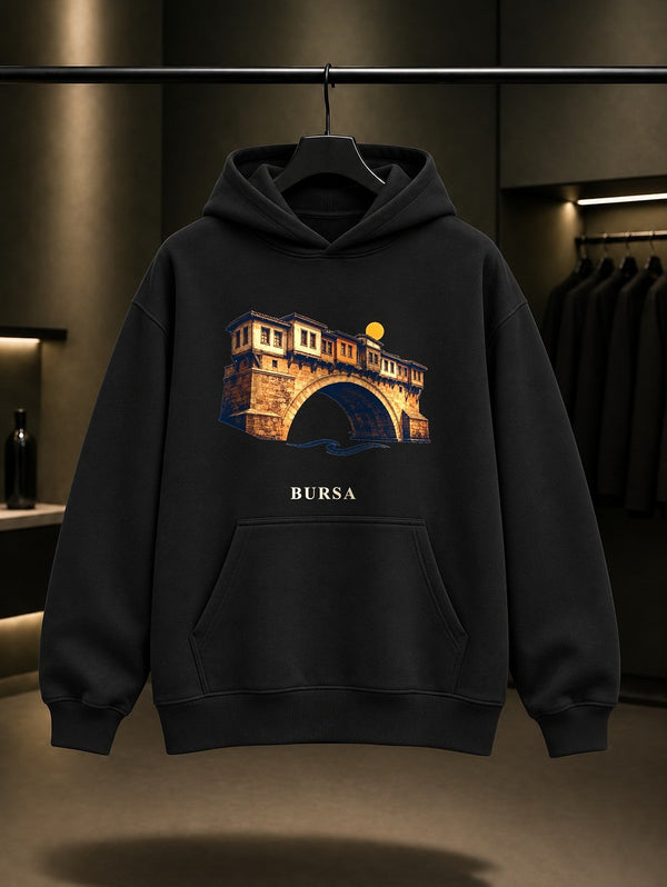 Bursa İskender Kebabı baskılı siyah kapüşonlu sweatshirt