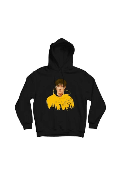 Dark Sarı boya akıtma efektli baskılı siyah kapüşonlu sweatshirt