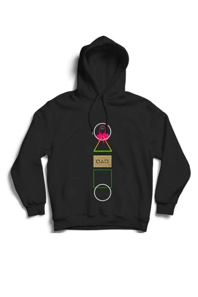 Squid Game Dizi Daire-üçgen-kare sembollerinin baskılı siyah kapüşonlu sweatshirt