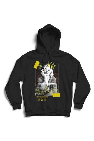 Marilyn Monroe baskılı siyah kapüşonlu sweatshirt