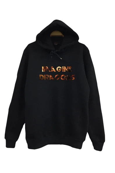 fame-stoned Imagine Dragons Baskılı Kapüşonlu %100 Pamuk Siyah Sweatshirt