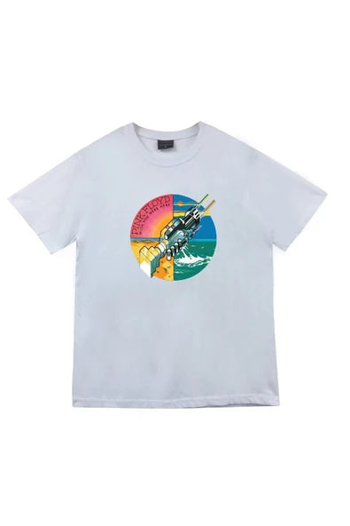 Pink Floyd Renkli daire içinde alevli baskılı beyaz tişört