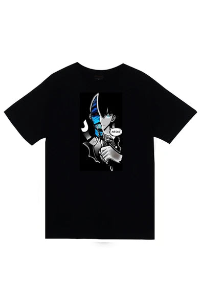 fame-stoned Solo Leveling Arise Anime Baskılı Unisex %100 Pamuk Siyah T-shirt