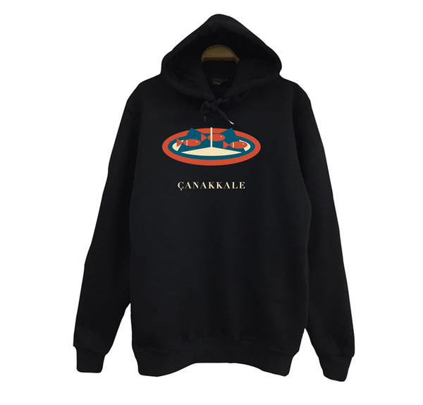 Çanakkale Asma Yaprağında Sardalya baskılı siyah kapüşonlu sweatshirt