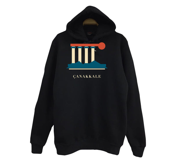 Çanakkale Assos Athena Tapınağı baskılı siyah kapüşonlu sweatshirt