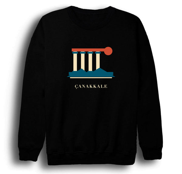 Çanakkale Assos Athena Tapınağı baskılı siyah sweatshirt