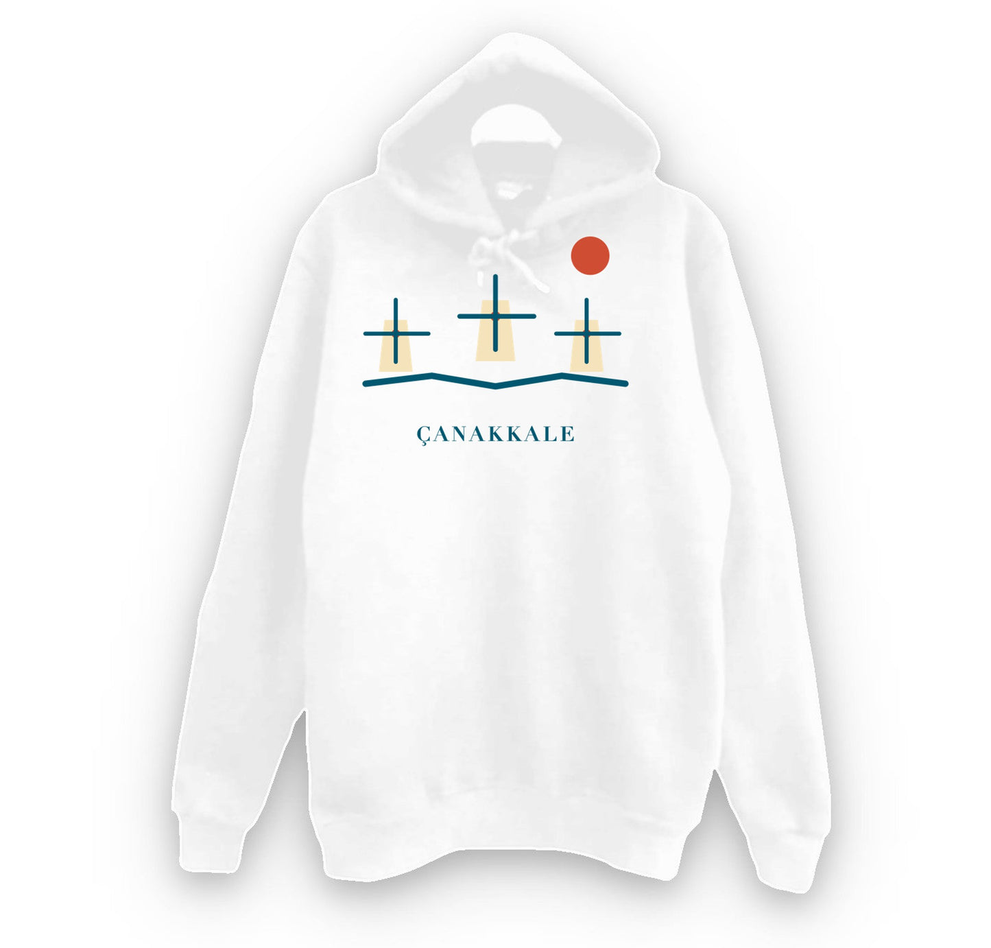 Çanakkale Bozcaada Yel Değirmenleri baskılı beyaz kapüşonlu sweatshirt