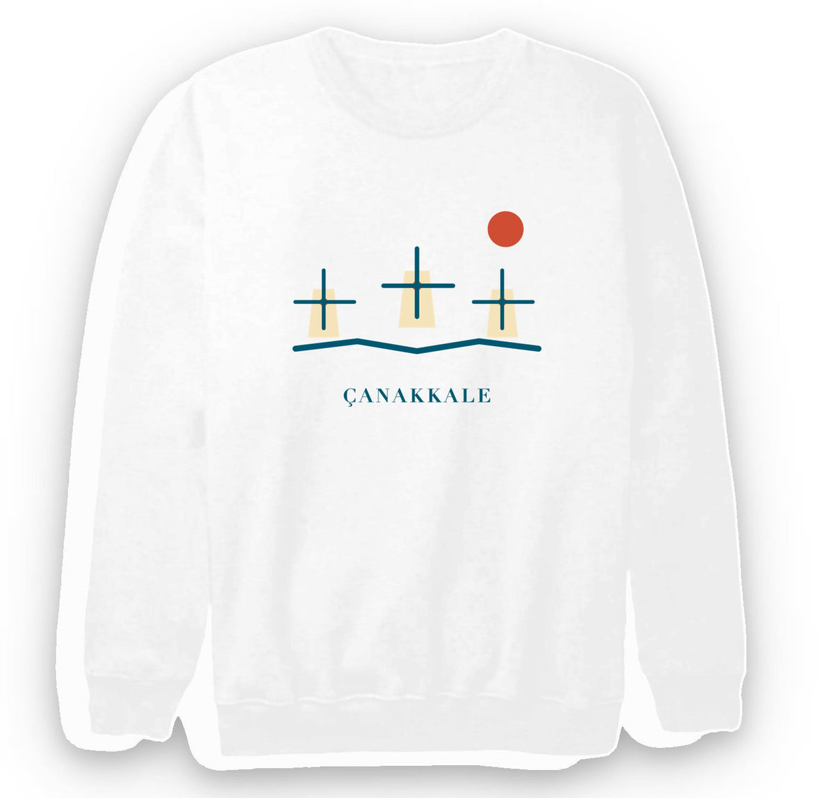 Çanakkale Bozcaada Yel Değirmenleri baskılı beyaz sweatshirt