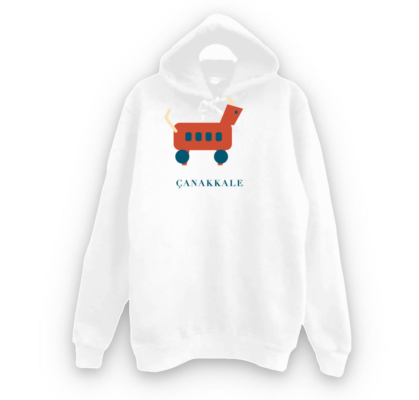 Çanakkale Truva Atı baskılı beyaz kapüşonlu sweatshirt
