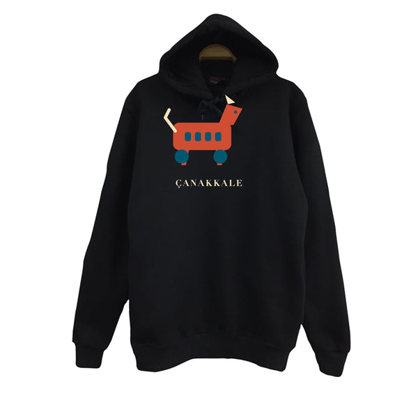 Çanakkale Truva Atı baskılı siyah kapüşonlu sweatshirt