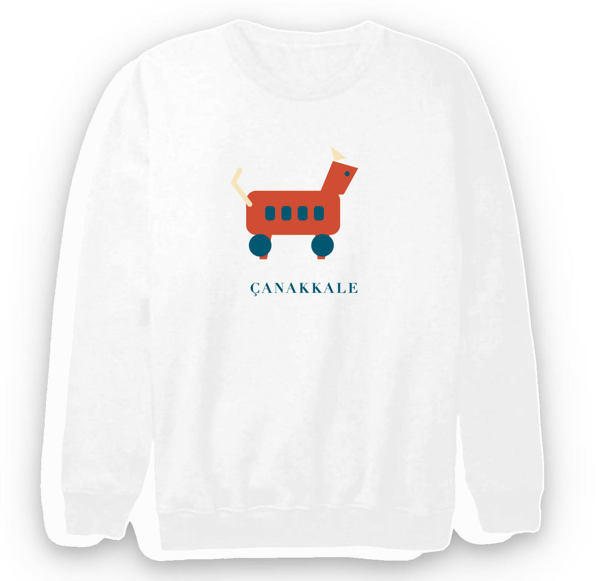 Çanakkale Truva Atı baskılı beyaz sweatshirt