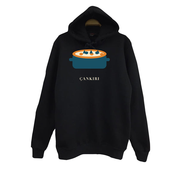 Çankırı Yaren Güveci baskılı siyah kapüşonlu sweatshirt
