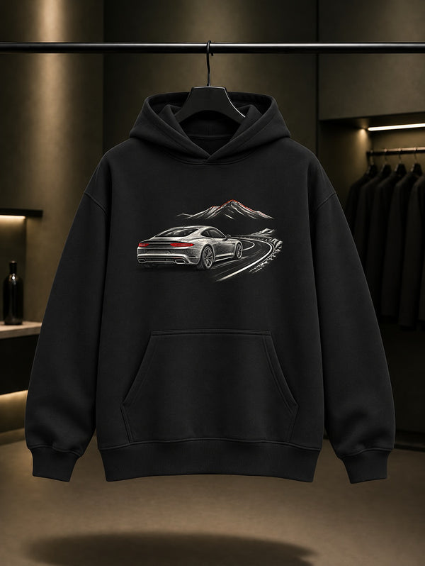 Dağ Yolu Baskılı Unisex %100 Pamuk Kapüşonlu Sweatshirt · Otomobil
