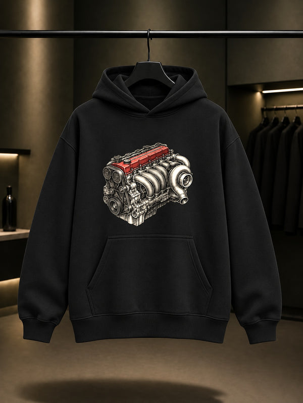 Atölyede Motor Baskılı Unisex %100 Pamuk Kapüşonlu Sweatshirt · Otomobil