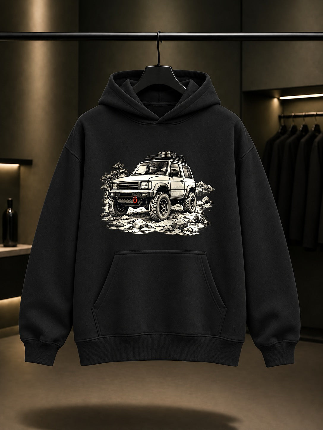 Arazi Aracı Baskılı Unisex %100 Pamuk Kapüşonlu Sweatshirt · Otomobil