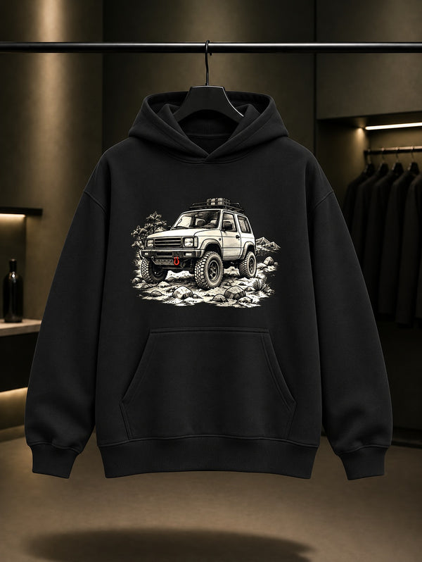 Arazi Aracı Baskılı Unisex %100 Pamuk Kapüşonlu Sweatshirt · Otomobil