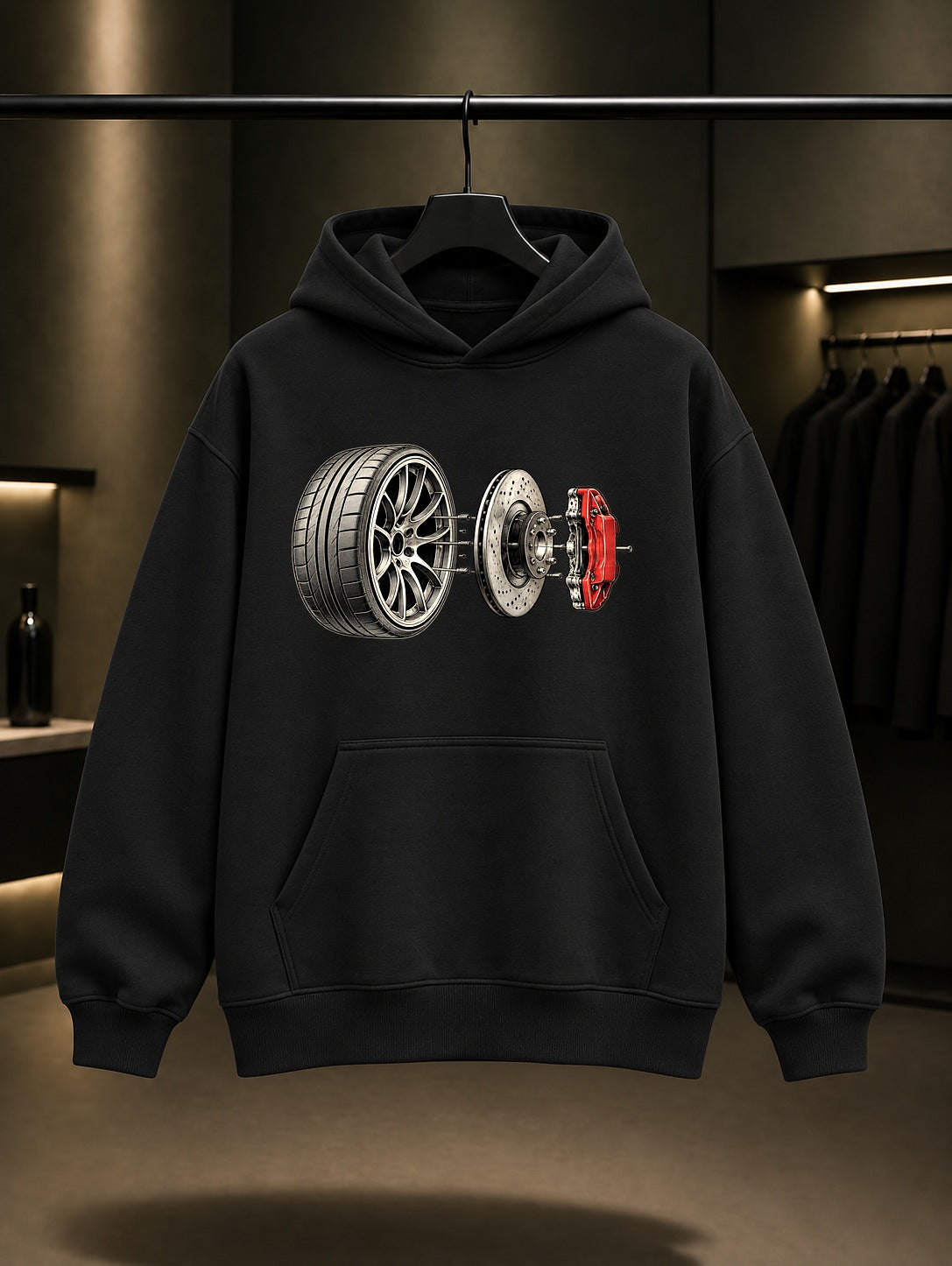 Parçalanmış Jant Baskılı Unisex %100 Pamuk Kapüşonlu Sweatshirt · Otomobil