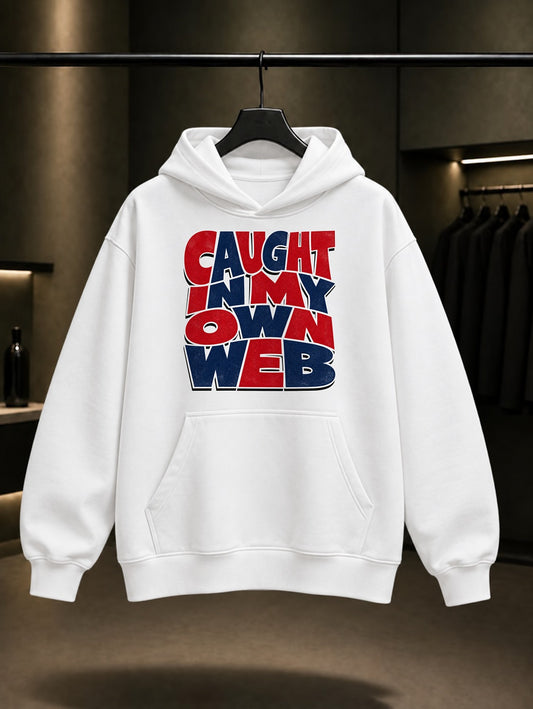 Caught In My Own Web Yazılı baskılı beyaz kapüşonlu sweatshirt