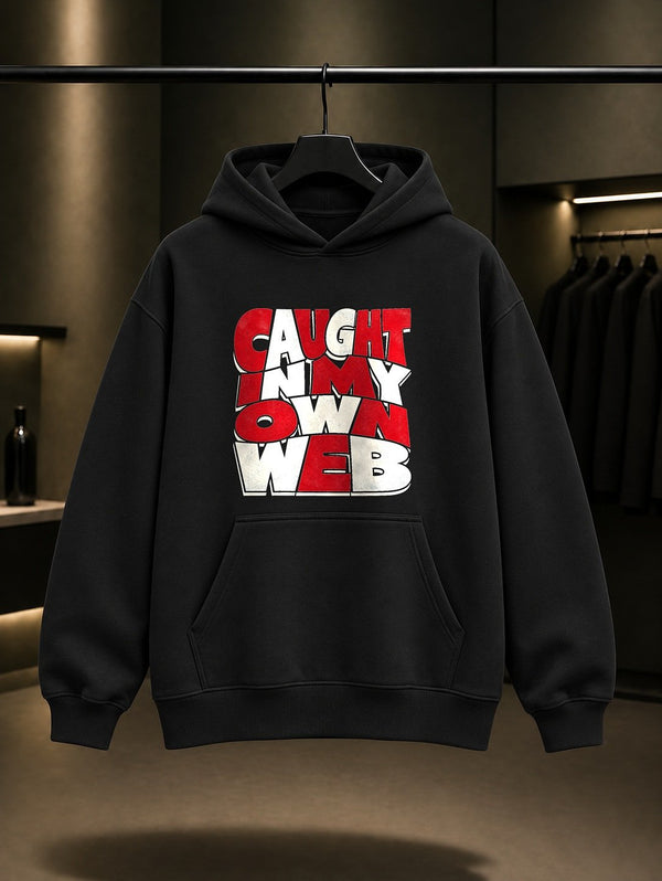 Caught In My Own Web Yazılı baskılı siyah kapüşonlu sweatshirt