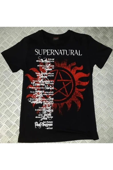 fame-stoned Supernatural Baskılı Unisex %100 Pamuk Siyah T-shirt